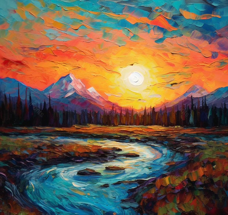 黄昏河流印象派橙色夕阳插画,插画/手绘图,插画/手绘图库,插画/手绘图下载,插画/手绘